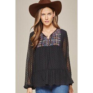 Savanna‎ Jane Swiss Dot Floral Embroidered southwestern Boho Tiered Top Small